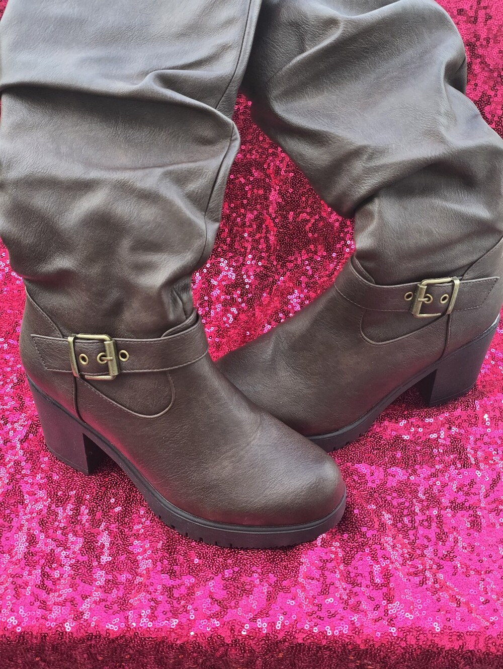 Dream Pairs Brown Over-the-Knee Buckle Block Heel Boots